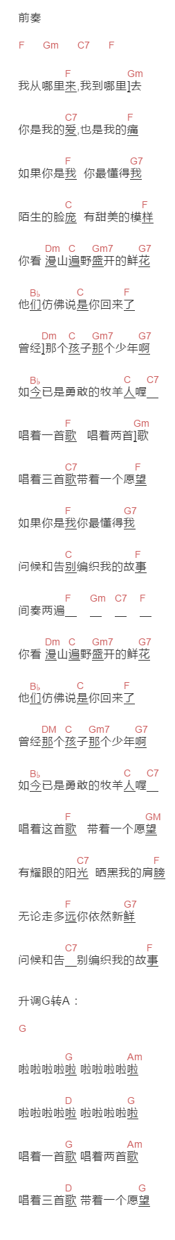 胡夏《我从哪里来》吉他谱C调和弦谱(txt)1