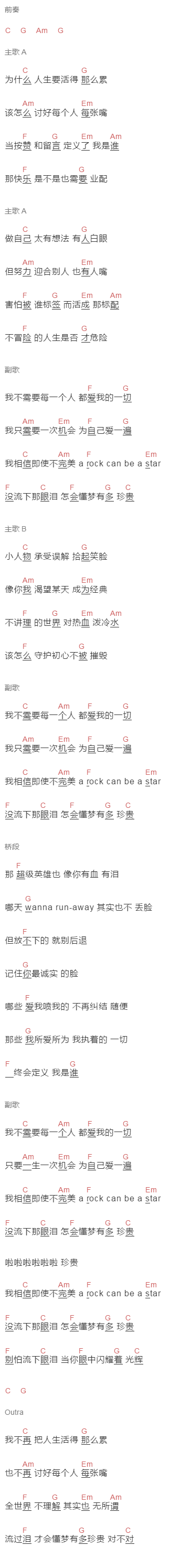 八三夭《我不需要每一个人都爱我》吉他谱C调_1