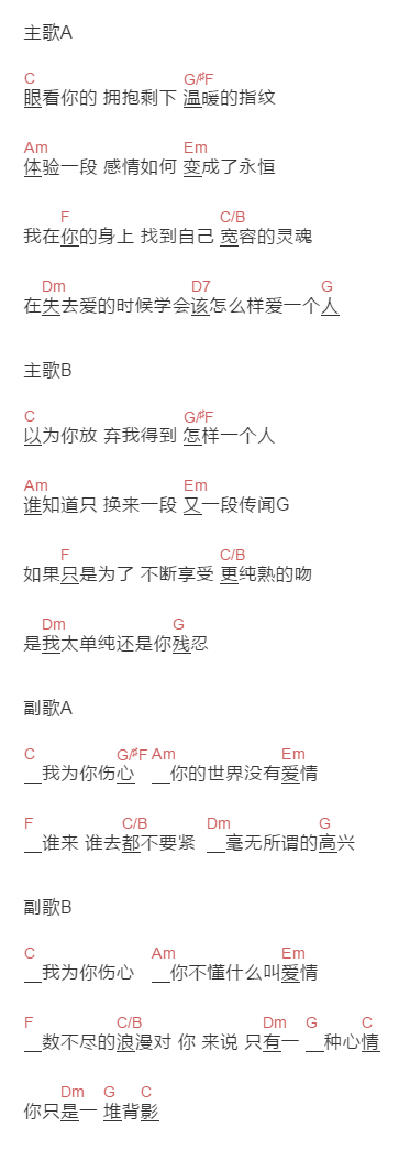 苏永康《我为你伤心》吉他谱C调和弦谱(txt)1