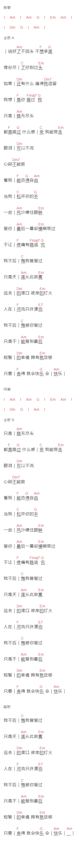 郑源《我不后悔》吉他谱C调和弦谱(txt)1