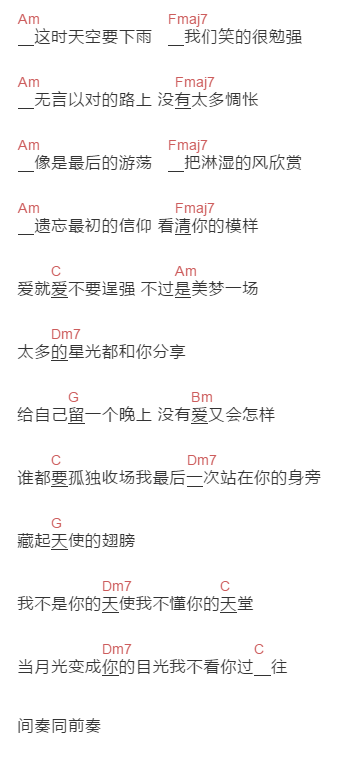伍佰《我不是天使》吉他谱C调和弦谱(txt)1