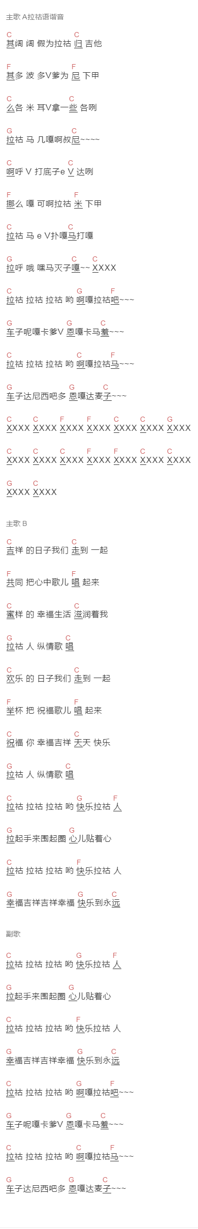 李娜倮《快乐拉祜》吉他谱C调和弦谱(txt)1