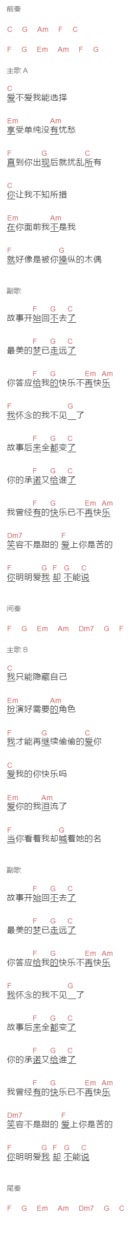 付梦妮《快乐 不再快乐》吉他谱C调和弦谱(txt)1