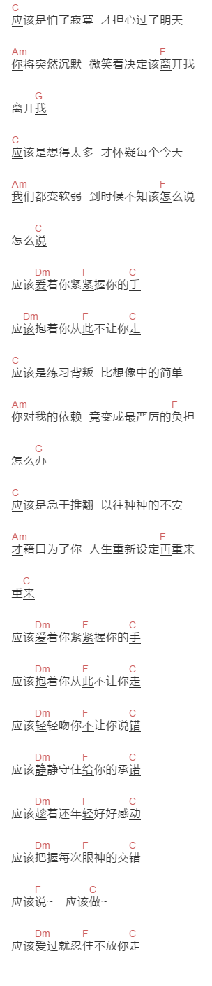 杨乃文《应该》吉他谱C调和弦谱(txt)1