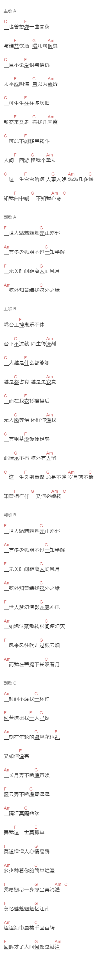 鬼卞,银临《弦外知音》吉他谱C调和弦谱(txt)1