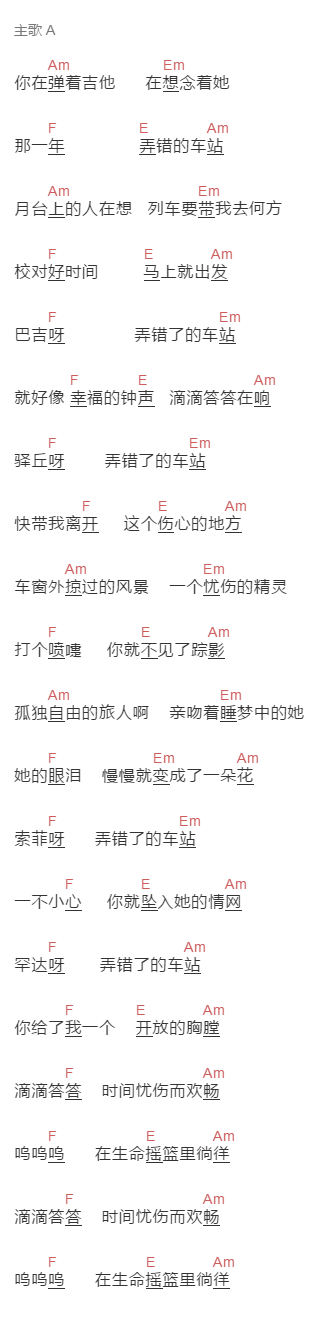 老狼《弄错的车站》吉他谱C调和弦谱(txt)1