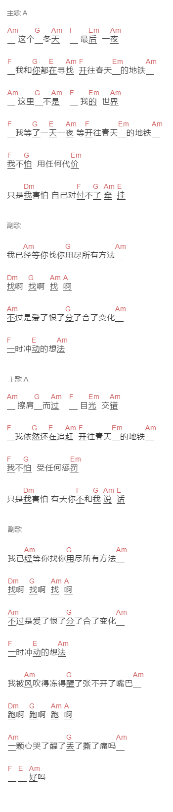 羽泉《开往春天的地铁》吉他谱C调和弦谱(txt)1
