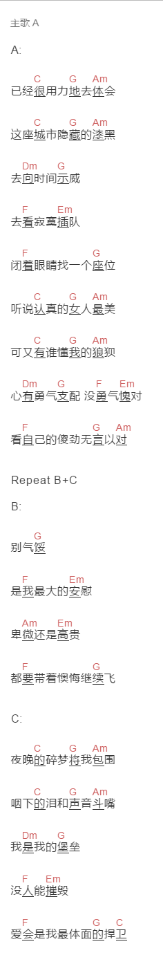 金池《座位》吉他谱C调和弦谱(txt)1