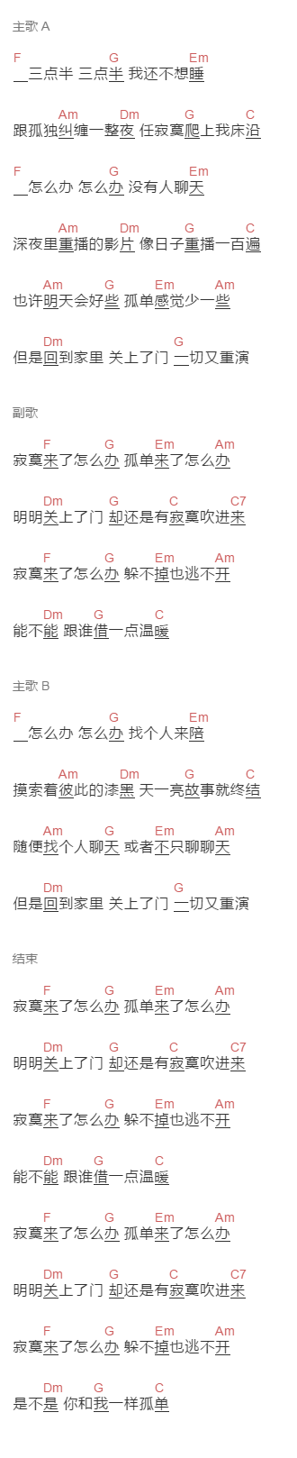 吴克羣《寂寞来了怎么办》吉他谱C调和弦谱(txt)1