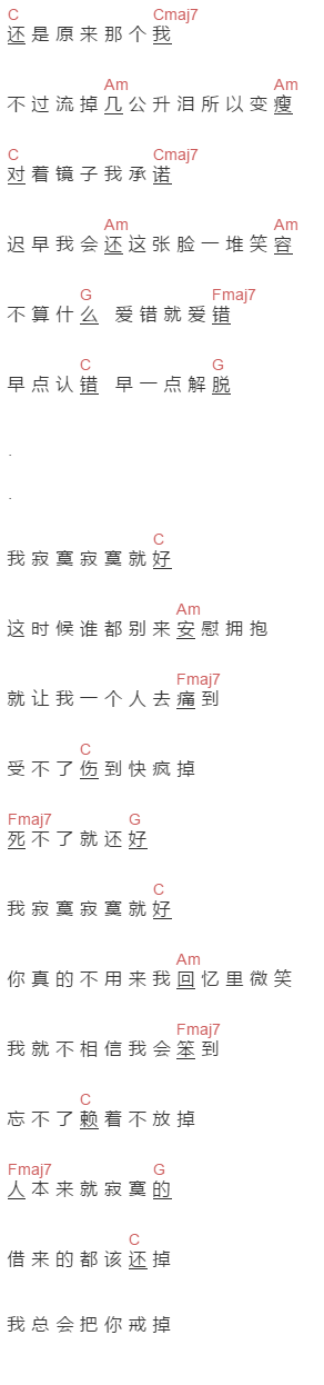 田馥甄《寂寞寂寞就好》吉他谱C调和弦谱(txt)1