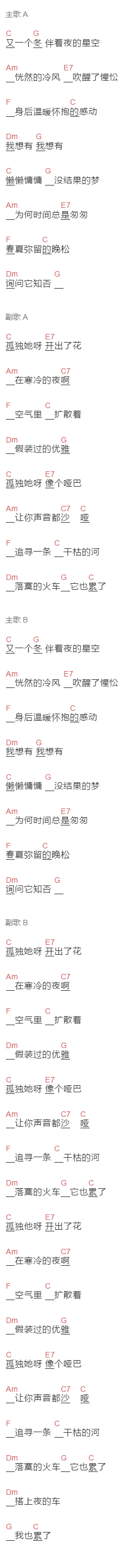 二珂《孤独她呀》吉他谱C调和弦谱(txt)1