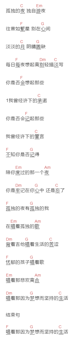 钟易轩 《孤夜》吉他谱C调和弦谱(txt)1