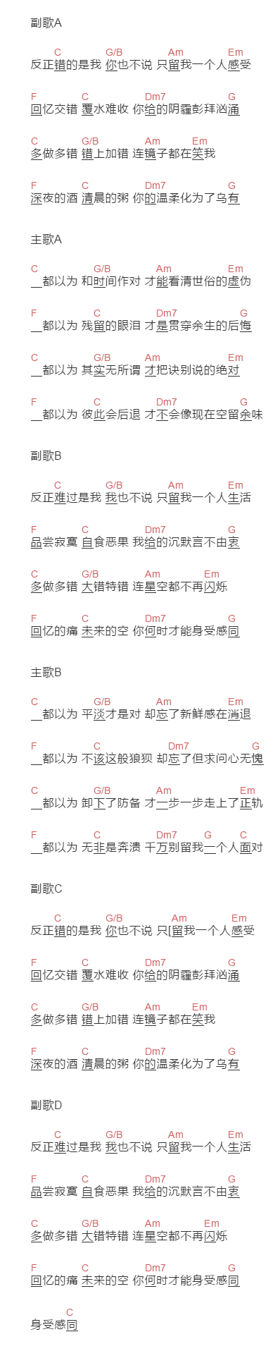 孙振宇《孤》吉他谱C调和弦谱(txt)1
