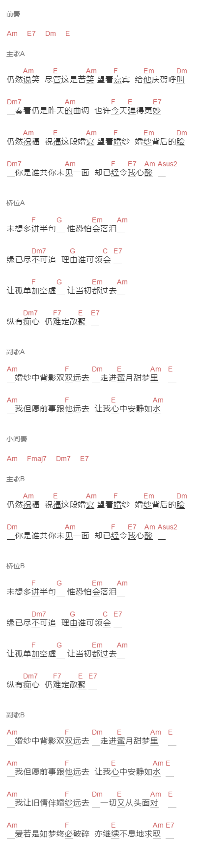 张敬轩《婚纱背后》吉他谱C调和弦谱(txt)1