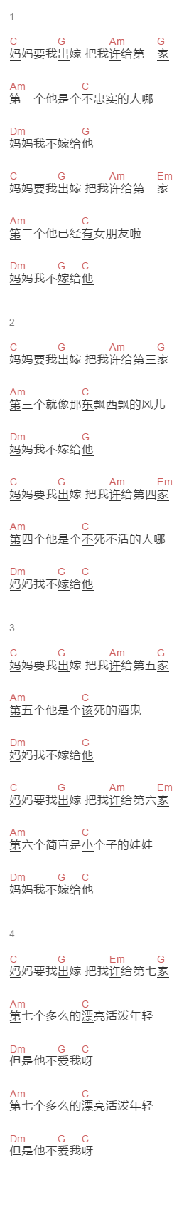 花粥《妈妈要我出嫁》吉他谱C调和弦谱(txt)1