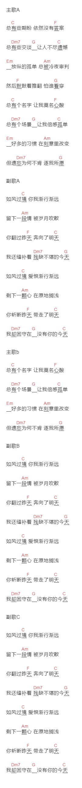 熊汝霖《如风过境》吉他谱C调和弦谱(txt)1