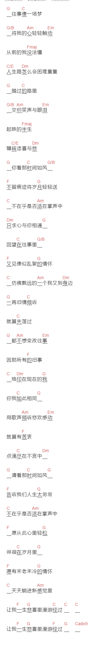 李宗盛,卢冠廷《如风往事》吉他谱C调和弦谱(txt)1