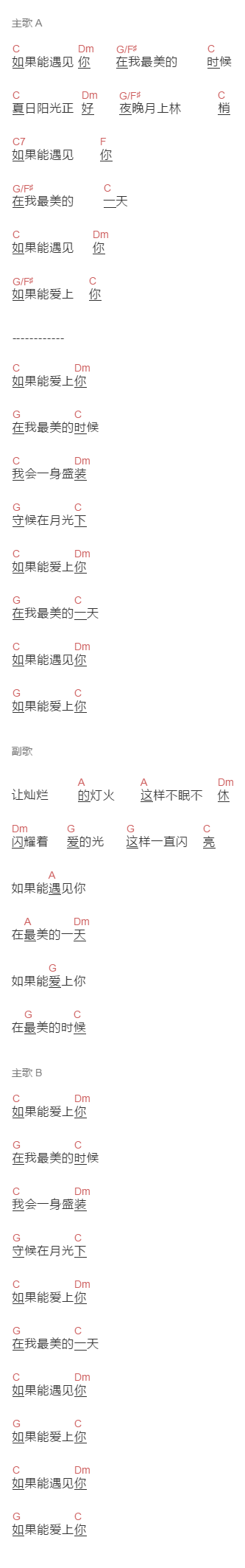 李健《如果遇见你》吉他谱C调和弦谱(txt)1