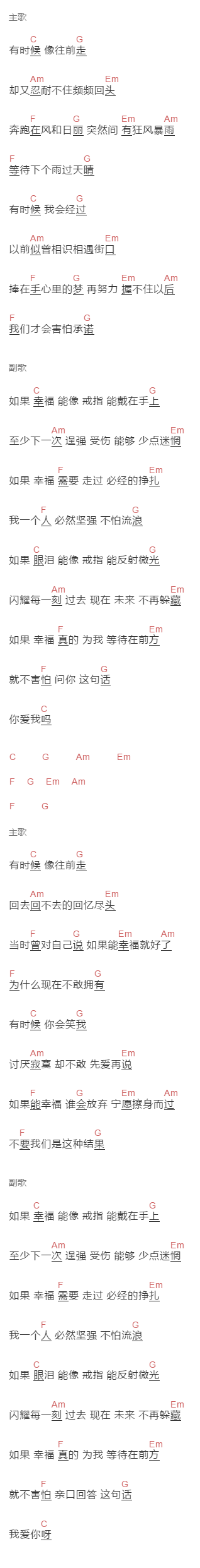 周兴哲《如果能幸福》吉他谱C调和弦谱(txt)1