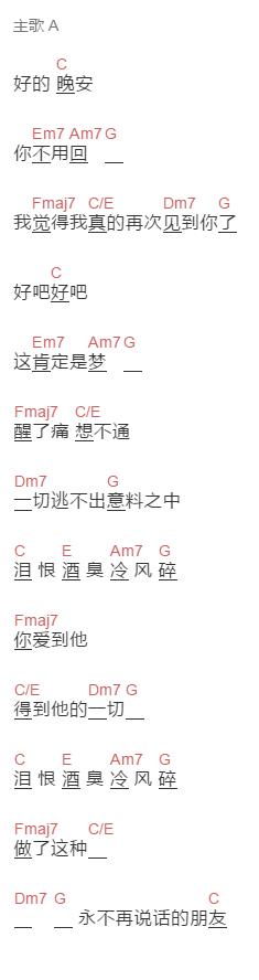 邓见超《好的晚安》吉他谱C调和弦谱(txt)1