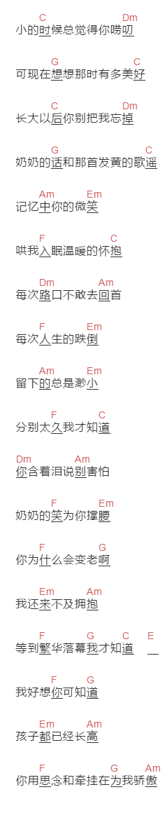 旭日阳刚《奶奶》吉他谱C调和弦谱(txt)1
