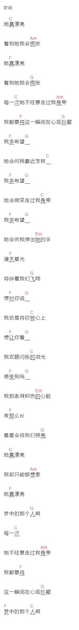王晰,高杨《她真漂亮》吉他谱C调和弦谱(txt)1
