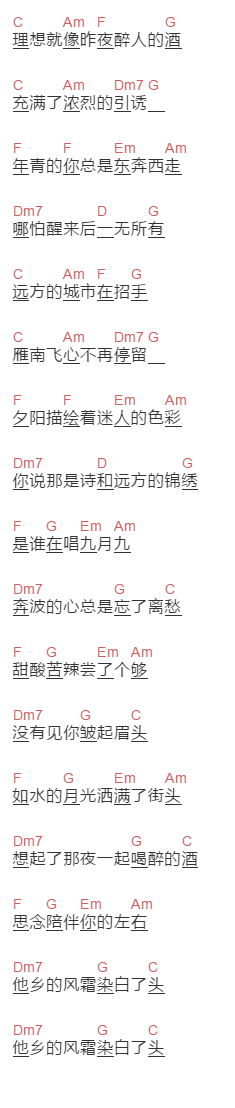 夏小虎《奔波》吉他谱C调和弦谱(txt)1