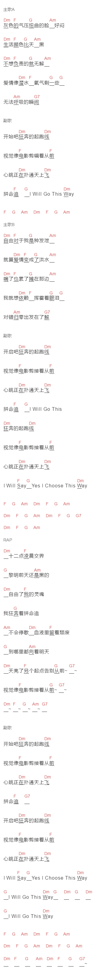 孙燕姿《奔》吉他谱C调和弦谱(txt)1