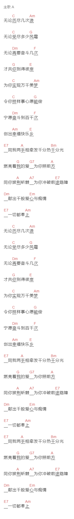 甄妮《奋斗》吉他谱C调和弦谱(txt)1