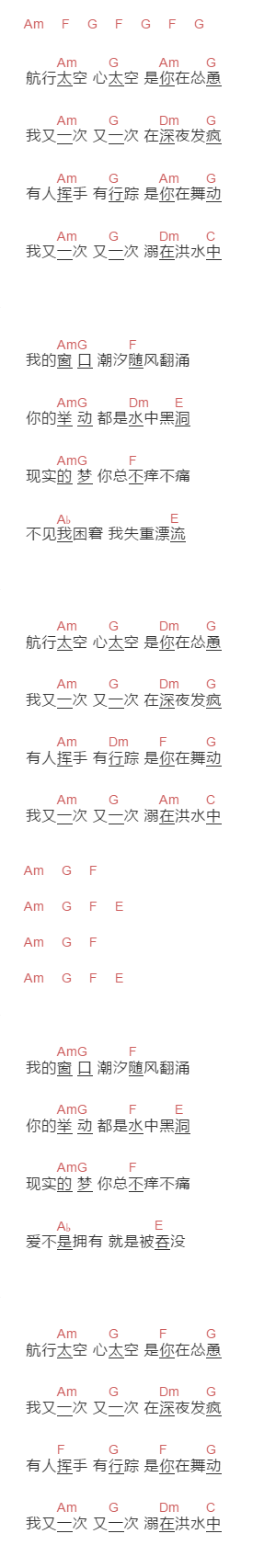 吴青峰《太空》吉他谱C调和弦谱(txt)1