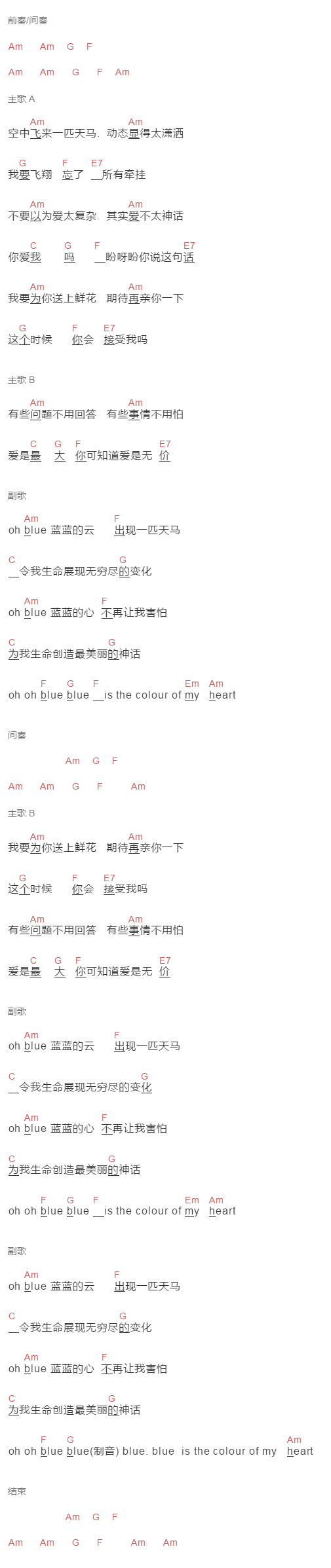 刘德华 《天马行空》吉他谱C调和弦谱(txt)1