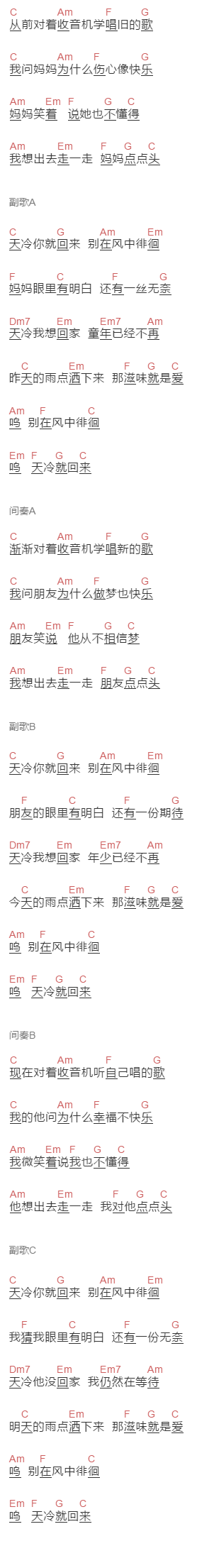 陈洁仪《天冷就回来》吉他谱C调和弦谱(txt)1