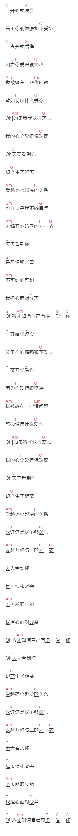 阿杜《天天看到你》吉他谱C调和弦谱(txt)1