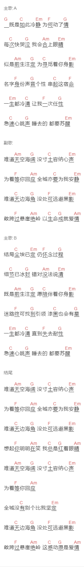 胡鸿钧《天地不容》吉他谱C调和弦谱(txt)1