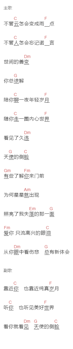 林宥嘉（cover陈小霞）《天使的侧脸》吉他谱C调和弦谱(txt)1