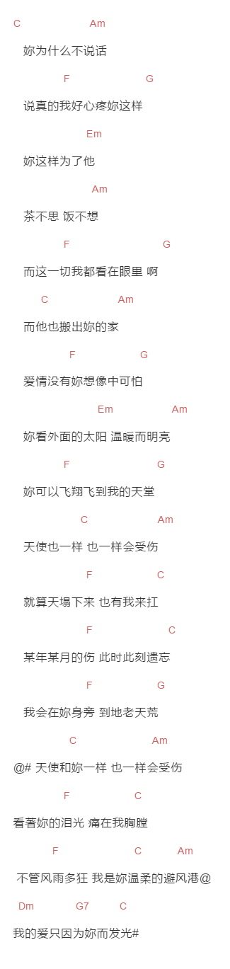任贤齐《天使也一样》吉他谱C调和弦谱(txt)1