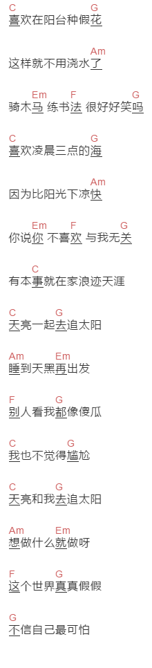 王源《天亮一起追太阳》吉他谱C调和弦谱(txt)1