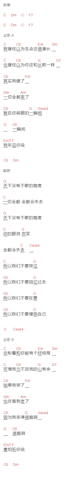 郑钧《天下没有不散的筵席》吉他谱C调和弦谱(txt)1