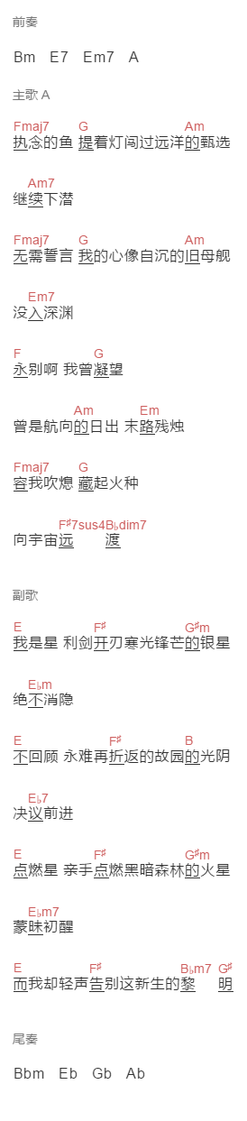 不才《夜航星》吉他谱C调和弦谱(txt)1