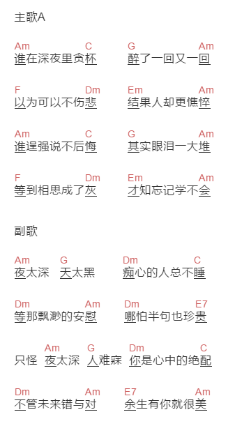 延子《夜太深》吉他谱C调和弦谱(txt)1