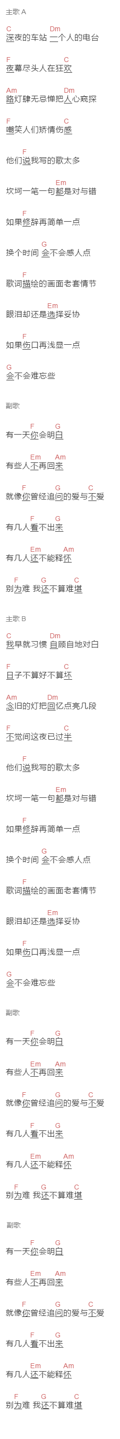 谢宇伦《夜半》吉他谱C调和弦谱(txt)1