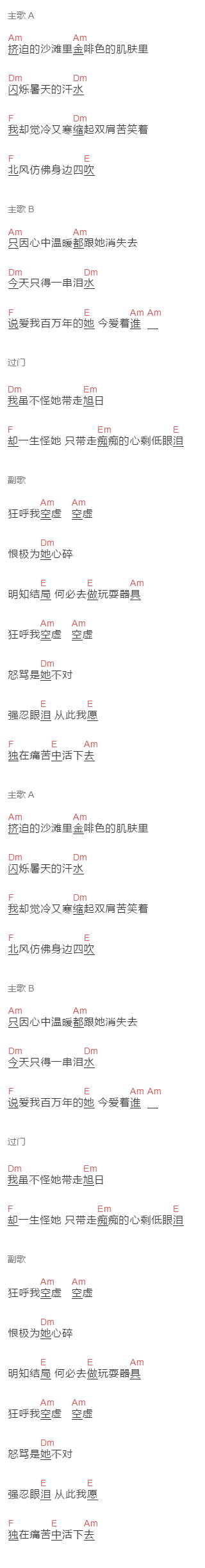 VanessaLee《夏日寒风》吉他谱C调和弦谱(txt)1