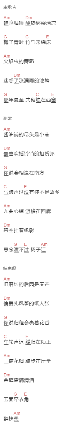 暗杠《夏令》吉他谱C调和弦谱(txt)1