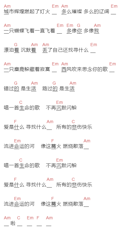 赵照《城市迷藏》吉他谱C调和弦谱(txt)1