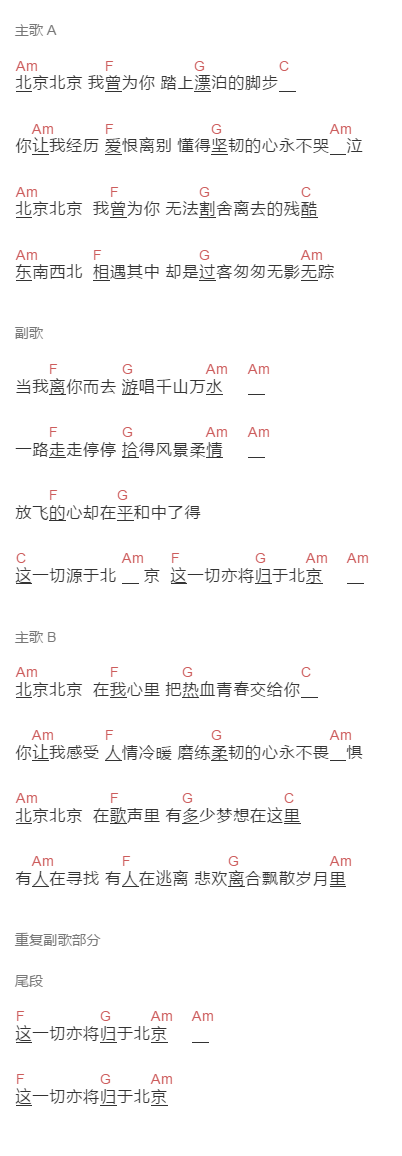 大乔小乔《北京情结》吉他谱C调和弦谱(txt)1