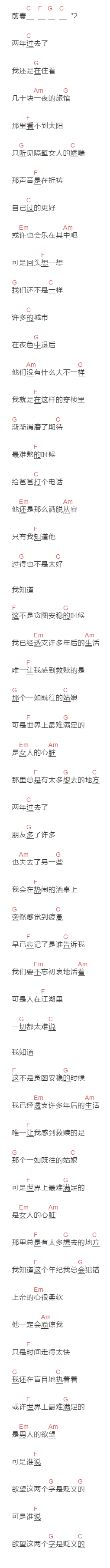前冲《北京以南2》吉他谱C调和弦谱(txt)1