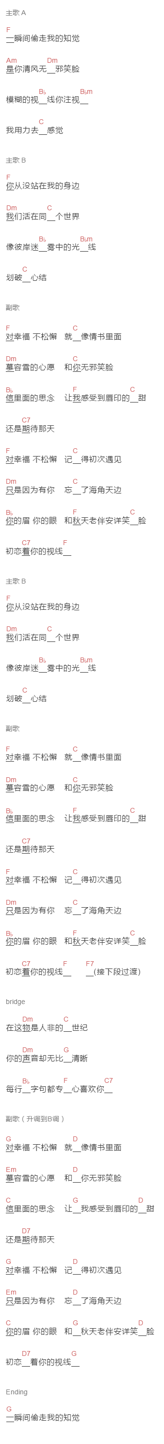 陈萝莉《初恋薛凯琪》吉他谱C调和弦谱(txt)1