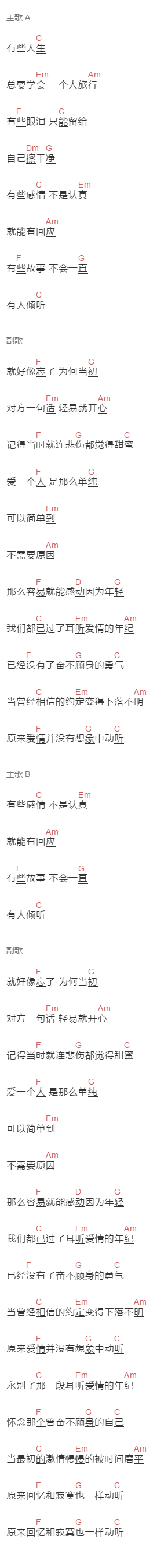 莫艳琳《别了 耳听爱情的年纪》吉他谱C调和弦谱(txt)1