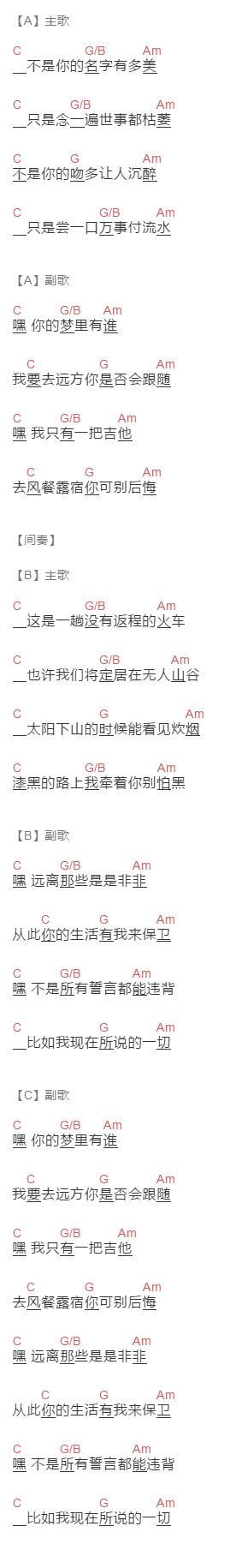王小鱼《初醒》吉他谱C调和弦谱(txt)1