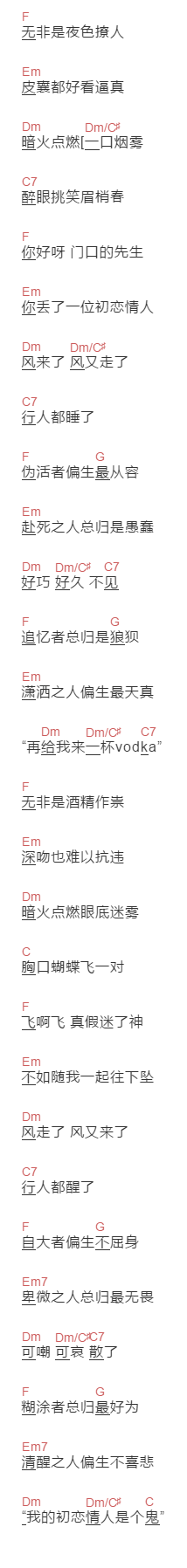 流芒菌《初恋情人是个鬼》吉他谱C调和弦谱(txt)1